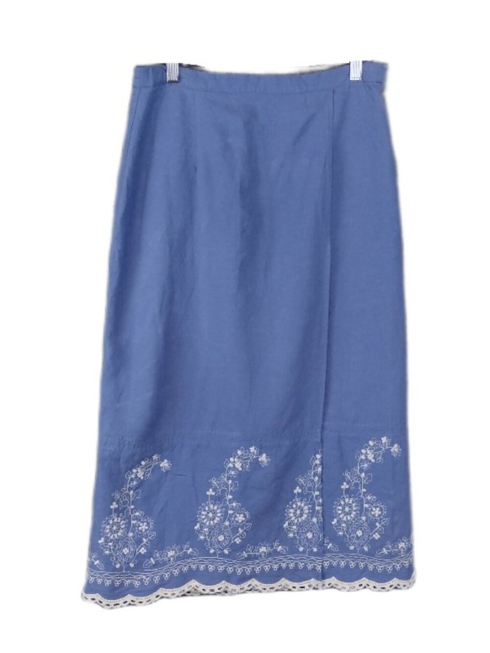 Coldwater Creek Midi Skirt PS Blue Linen Blend Embroidered Cottagecore